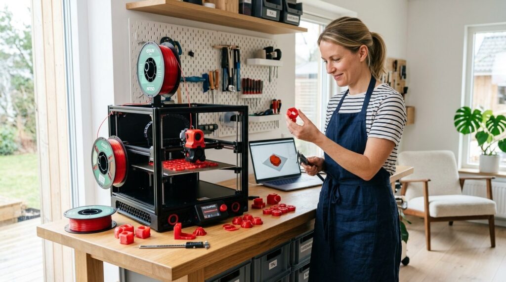 Hjemmeworkshop hvor en 3D-printer fremstiller fleksible TPU-dele til hjemmet.
